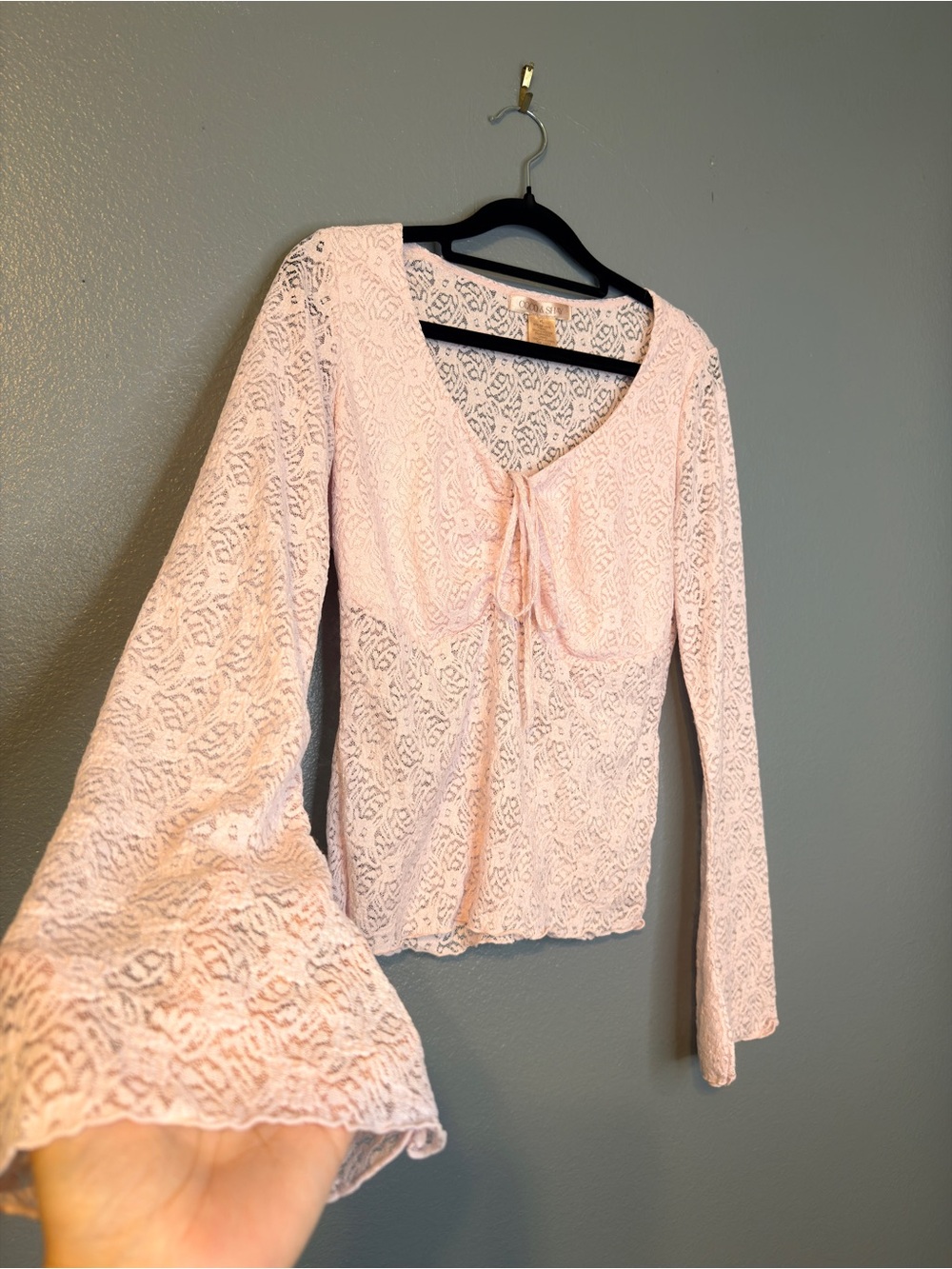 Sheer Lace Tie-Front Blouse Bell Sleeves in Light Pink Y2K Fairy Cottagecore XL